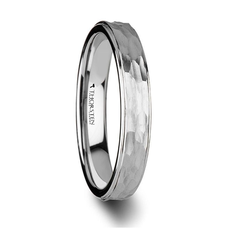 WINNIE Womens White Tungsten Ring with Raised Hammered Finish Center and Polished Step Edges - 4mm - Thorsten Rings