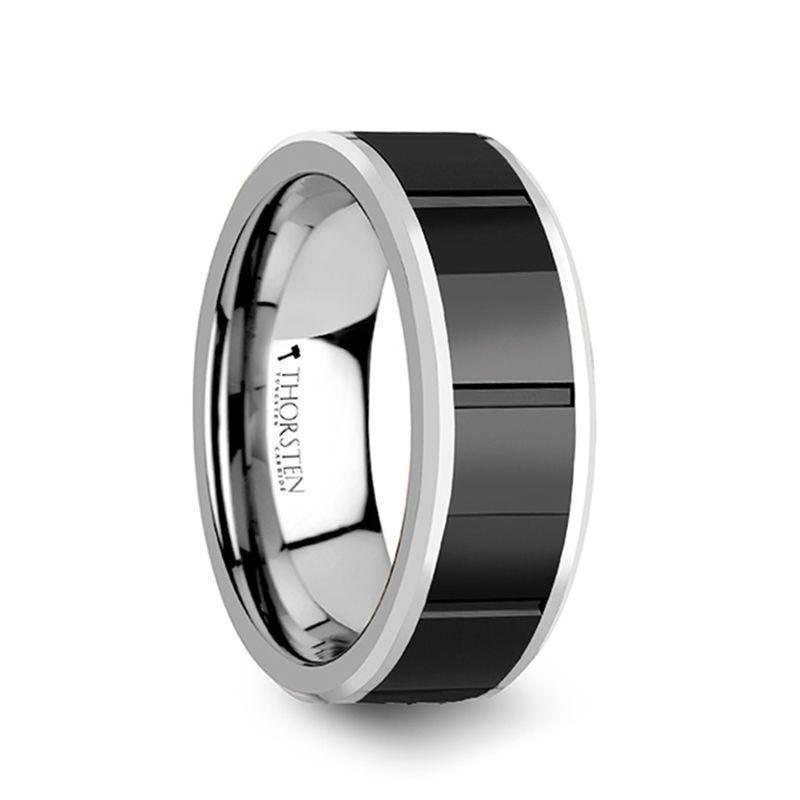KONSTANTINE Watch Band Style Tungsten Ring With Black Ceramic Inlay - 8mm - Thorsten Rings