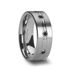 ROYALE Satin Finished Tungsten Ring with Polished Grooved Center and Triple Black Diamonds - 8mm - Thorsten Rings