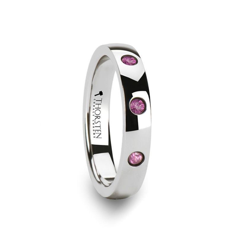DIANA Domed White Tungsten Wedding Band with 3 Pink Sapphires - 4 mm - Thorsten Rings