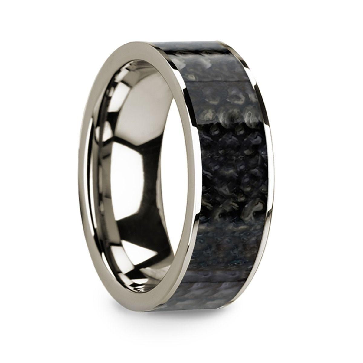 Flat 14k White Gold with Blue Dinosaur Bone Inlay and Polished Edges - 8mm - Thorsten Rings