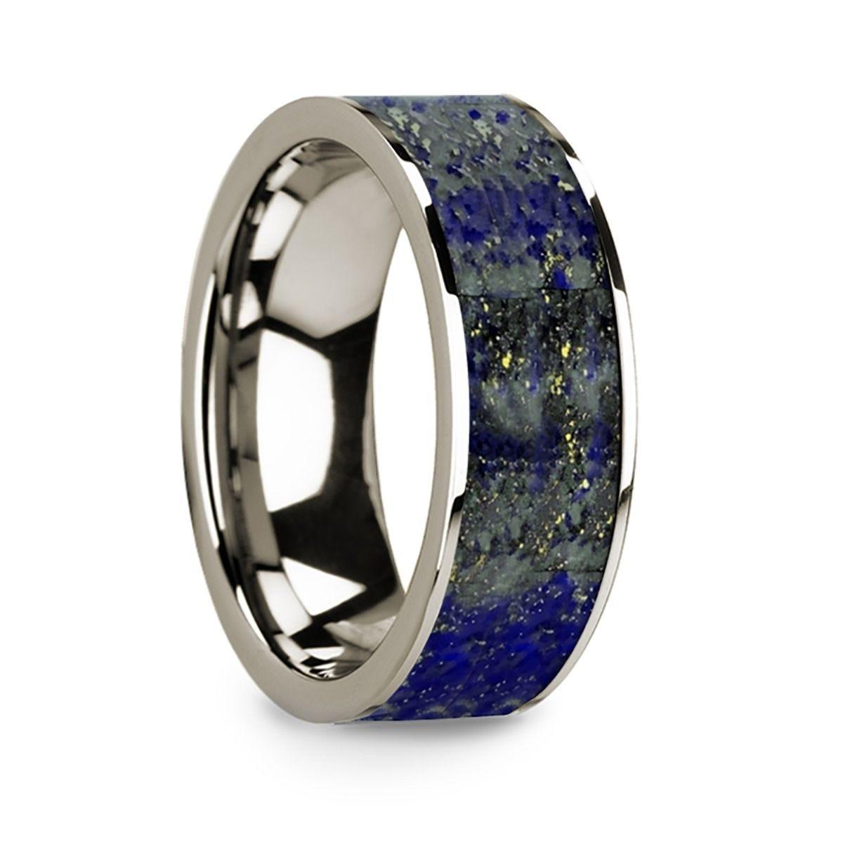 Flat 14k White Gold with Blue Lapis Lazuli Inlay and Polished Edges - 8mm - Thorsten Rings