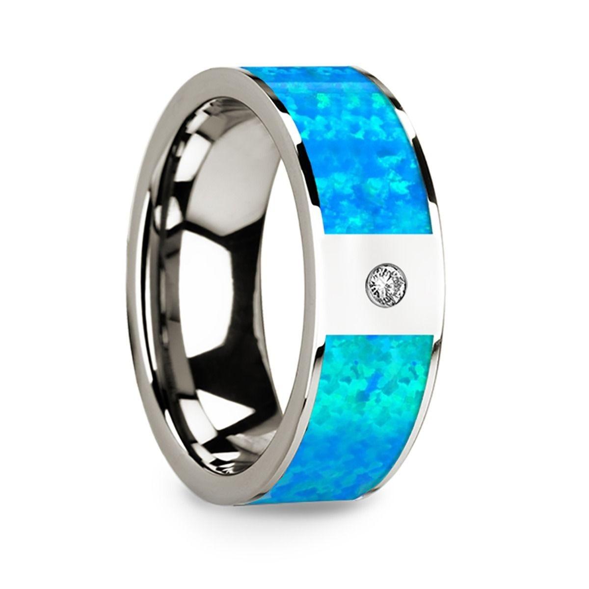 Flat 14k White Gold with Blue Opal Inlay & White Diamond Setting - 8mm - Thorsten Rings