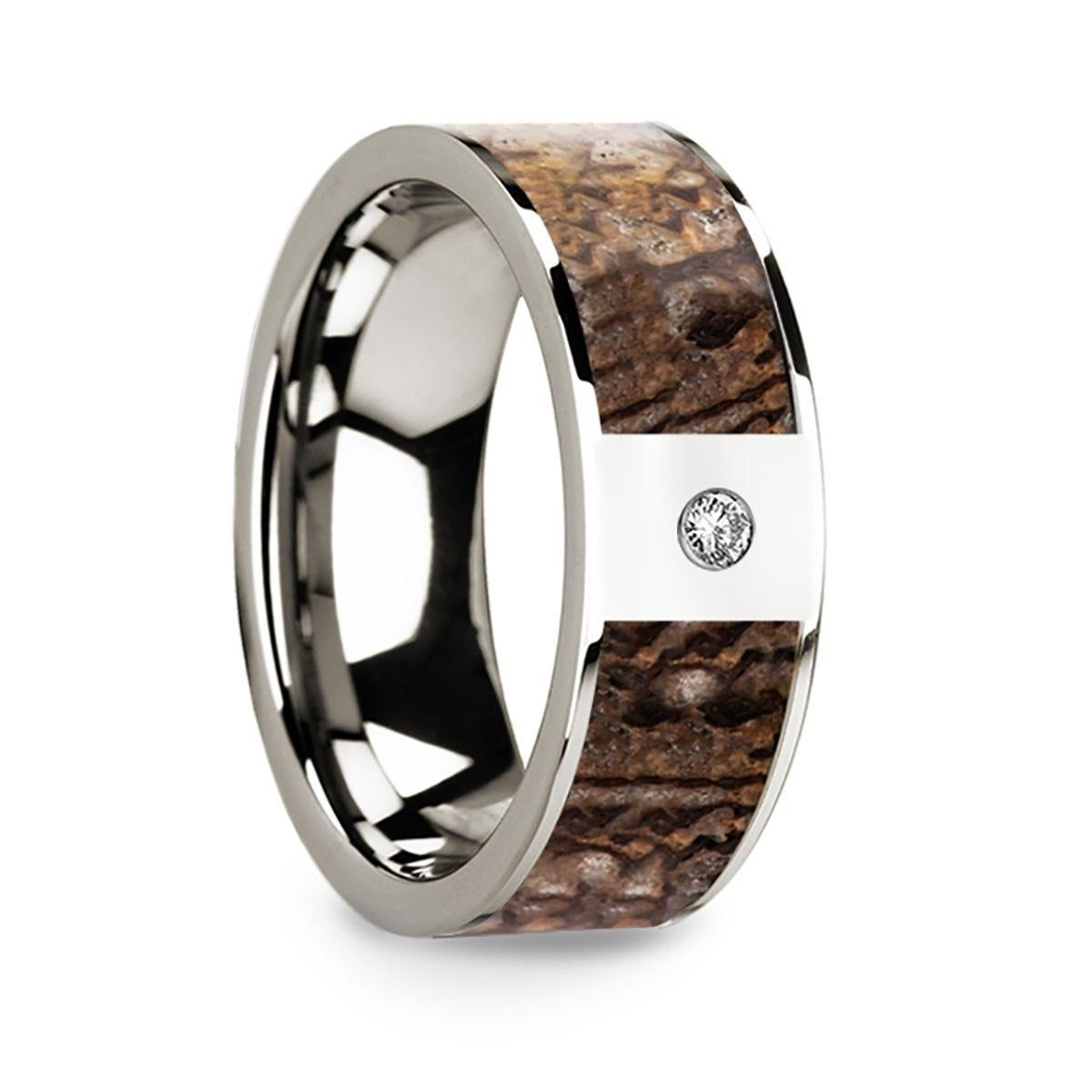Flat 14k White Gold with Brown Dinosaur Inlay & White Diamond Setting - 8mm - Thorsten Rings