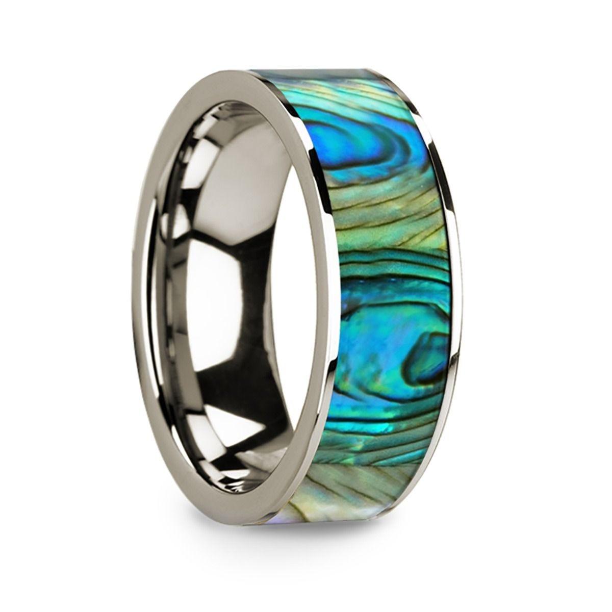 Flat 14k White Gold with Mother of Pearl Inlay and Polished Edges - 8mm - Thorsten Rings