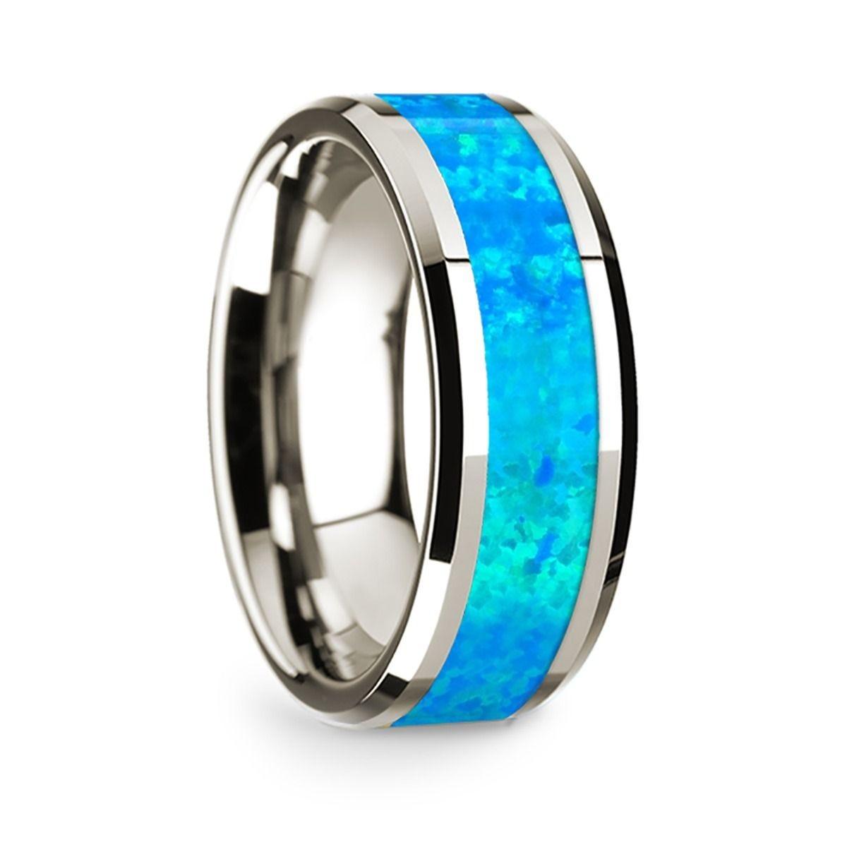 14k White Gold Polished Beveled Edges Wedding Ring with Blue Opal Inlay - 8 mm - Thorsten Rings