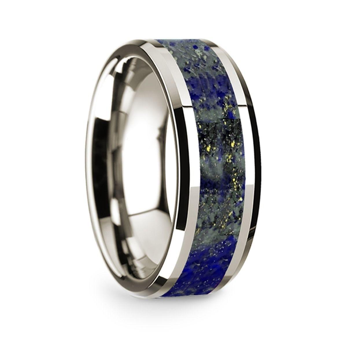 14k White Gold Polished Beveled Edges Wedding Ring with Lapis Inlay - 8 mm - Thorsten Rings