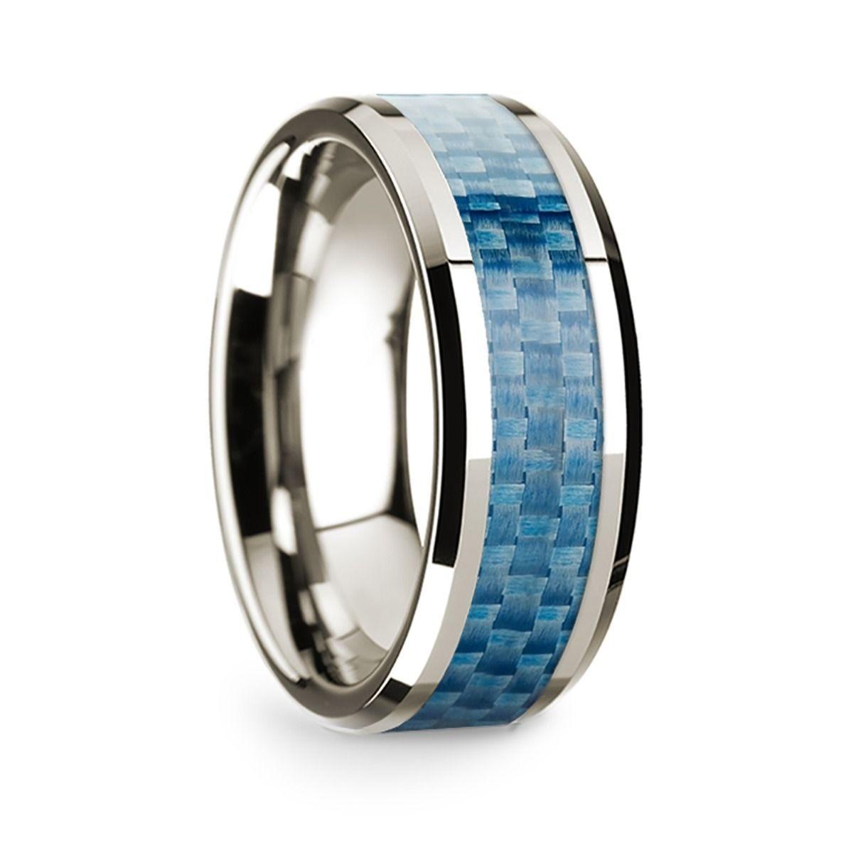 14k White Gold Polished Beveled Edges Wedding Ring with Blue Carbon Fiber Inlay - 8 mm - Thorsten Rings