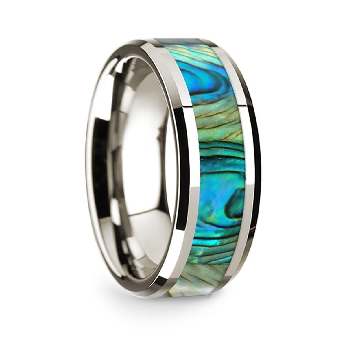 14k White Gold Polished Beveled Edges Wedding Ring with Mother of Pearl Inlay - 8 mm - Thorsten Rings