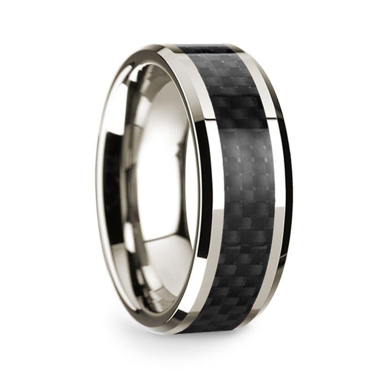 14k White Gold Polished Beveled Edges Wedding Ring with Black Carbon Fiber Inlay - 8 mm - Thorsten Rings