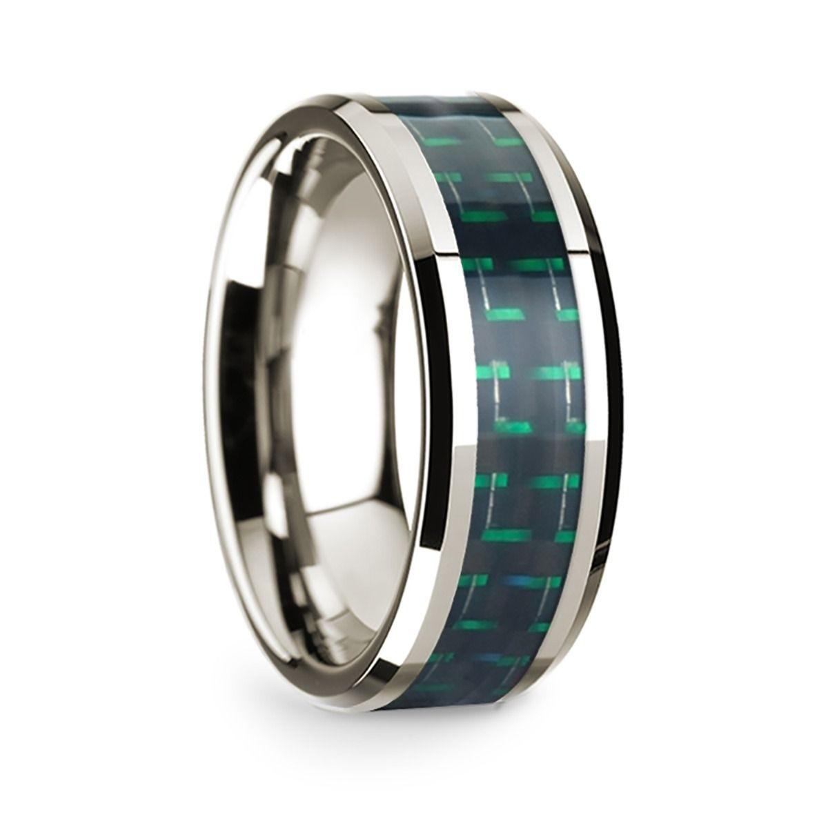 14k White Gold Polished Beveled Edges Wedding Ring with Black and Green Carbon Fiber Inlay - 8 mm - Thorsten Rings