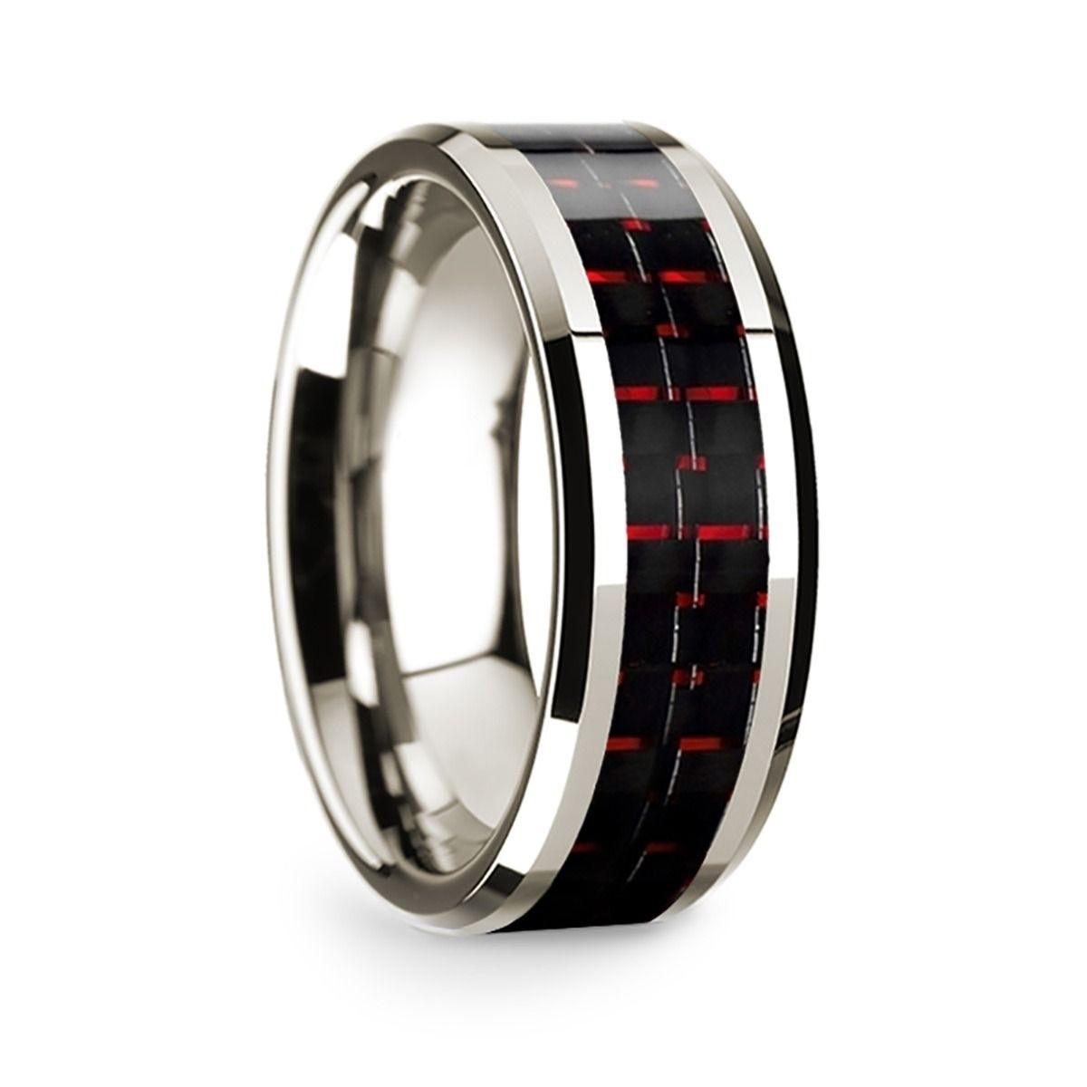 14k White Gold Polished Beveled Edges Wedding Ring with Black and Red Carbon Fiber Inlay - 8 mm - Thorsten Rings