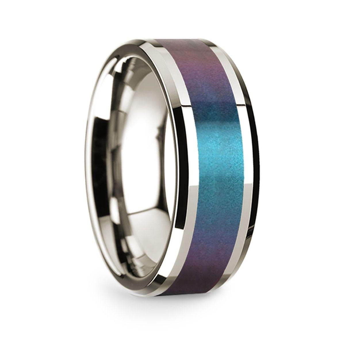 14k White Gold Polished Beveled Edges Wedding Ring with Blue and Purple Color Changing Inlay - 8 mm - Thorsten Rings