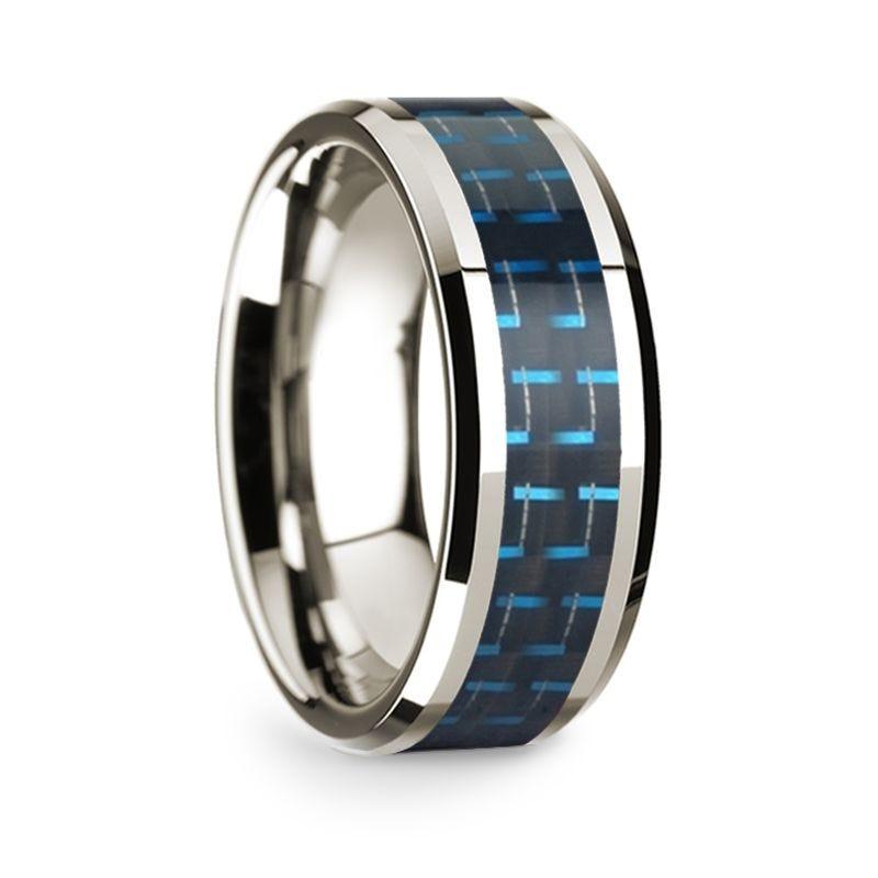 14k White Gold Polished Beveled Edges Wedding Ring with Black and Dark Blue Carbon Fiber Inlay - 8 mm - Thorsten Rings