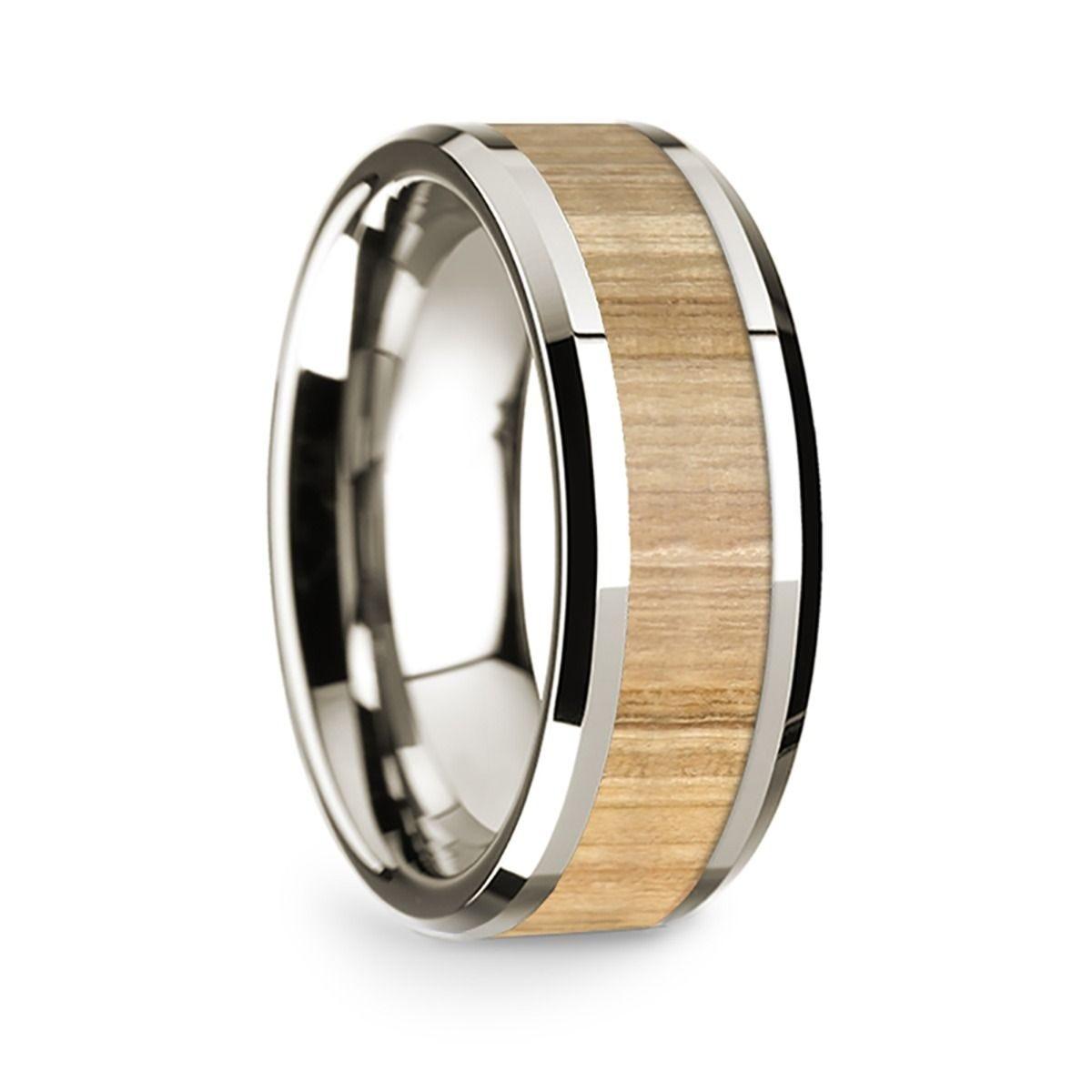 14k White Gold Polished Beveled Edges Wedding Ring with Ash Wood Inlay - 8 mm - Thorsten Rings