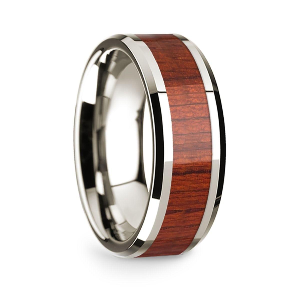 14k White Gold Polished Beveled Edges Wedding Ring with Padauk Inlay - 8 mm - Thorsten Rings