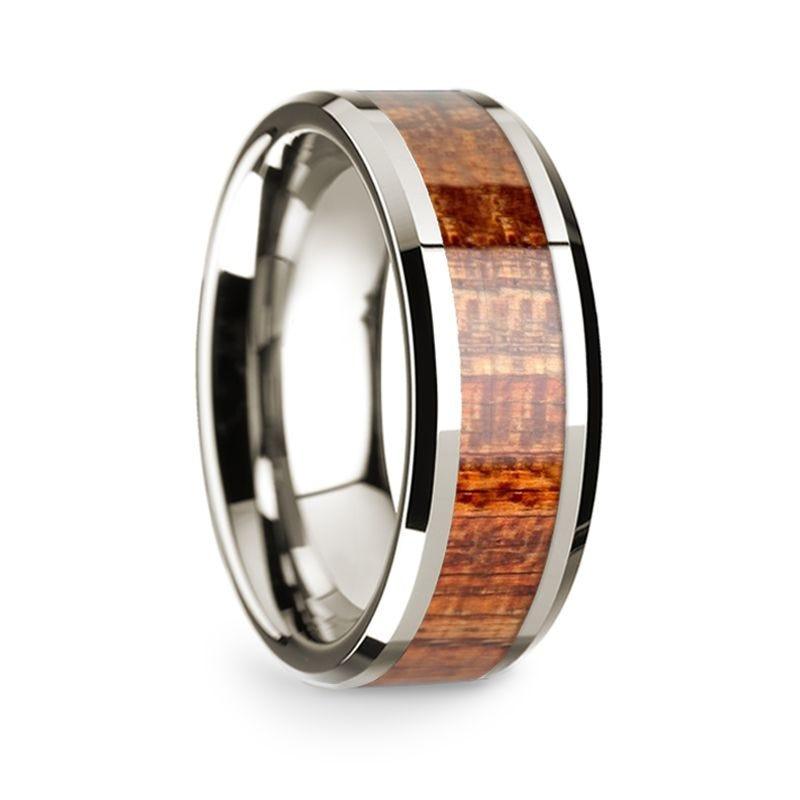 14k White Gold Polished Beveled Edges Wedding Ring with Mahogany Inlay - 8 mm - Thorsten Rings