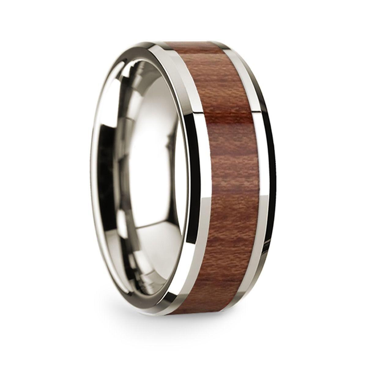 14k White Gold Polished Beveled Edges Wedding Ring with Rosewood Inlay - 8 mm - Thorsten Rings