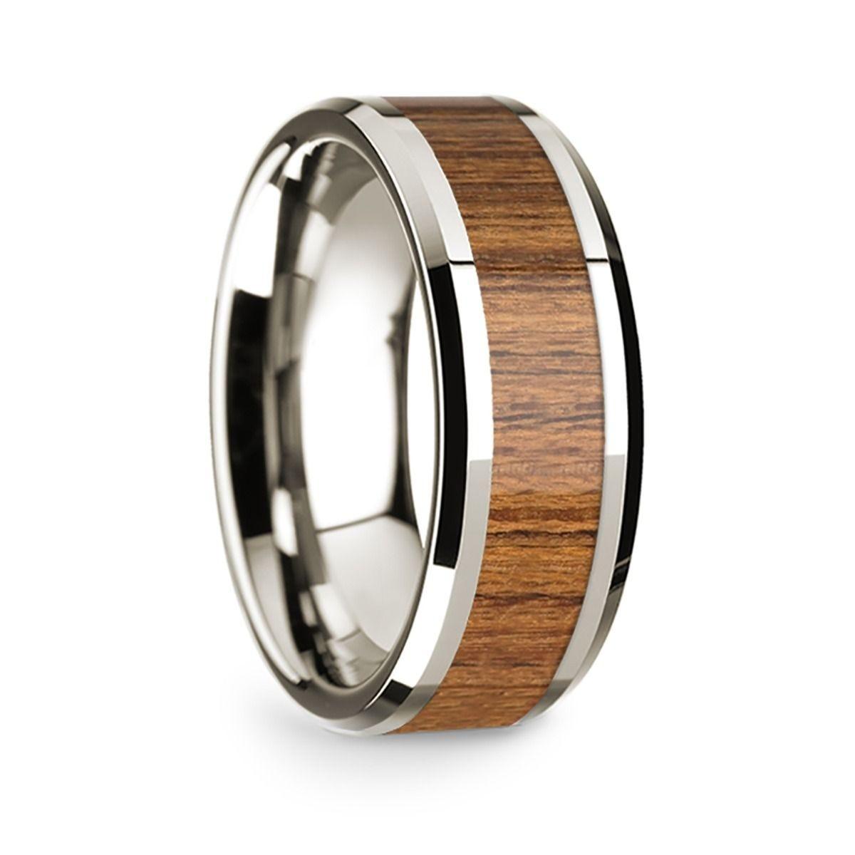 14k White Gold Polished Beveled Edges Wedding Ring with Teakwood Inlay - 8 mm - Thorsten Rings