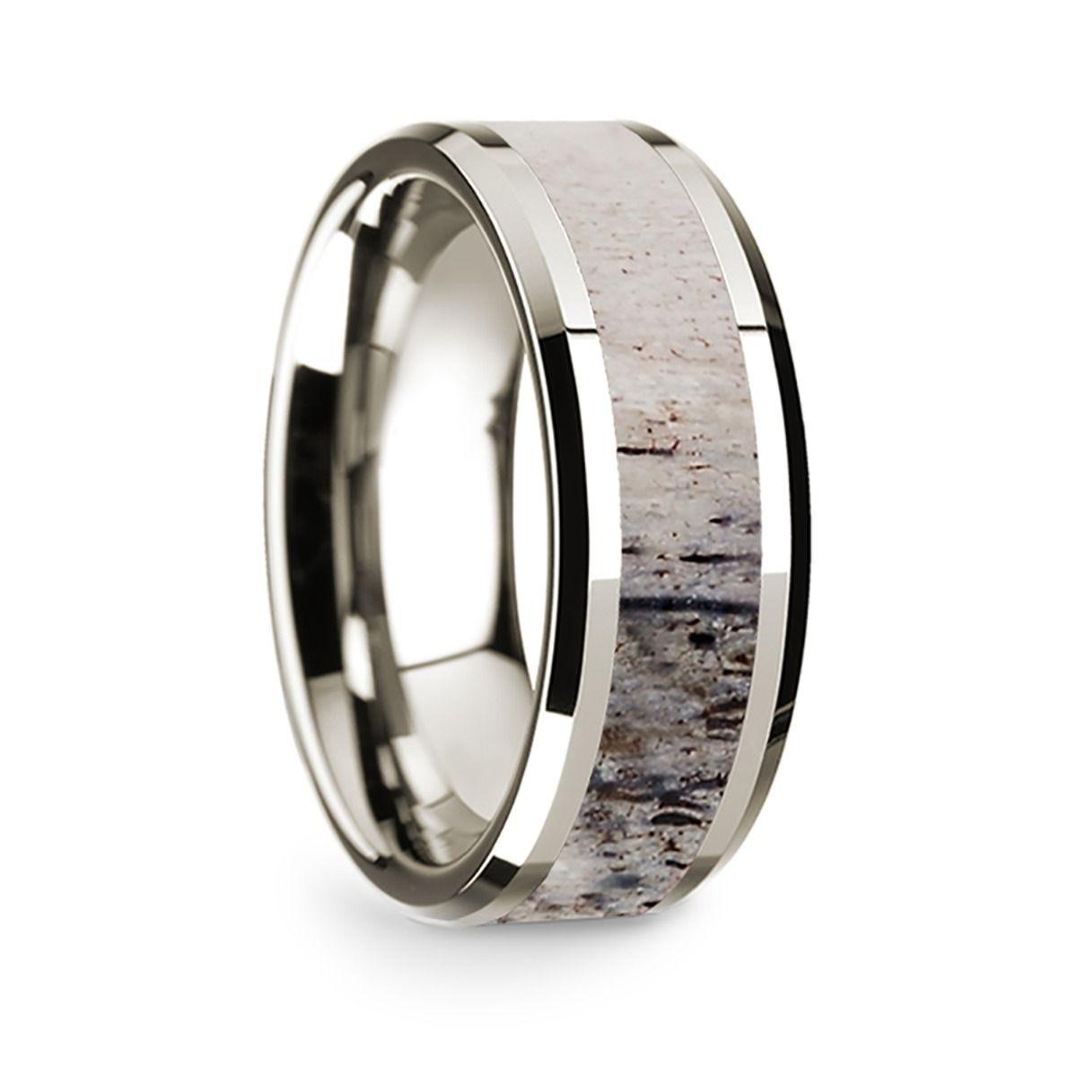 14k White Gold Polished Beveled Edges Wedding Ring with Ombre Deer Antler Inlay - 8 mm - Thorsten Rings