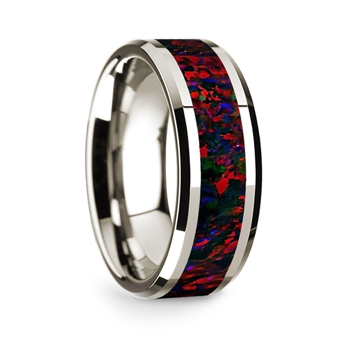 14k White Gold Polished Beveled Edges Wedding Ring with Black and Red Opal Inlay - 8 mm - Thorsten Rings