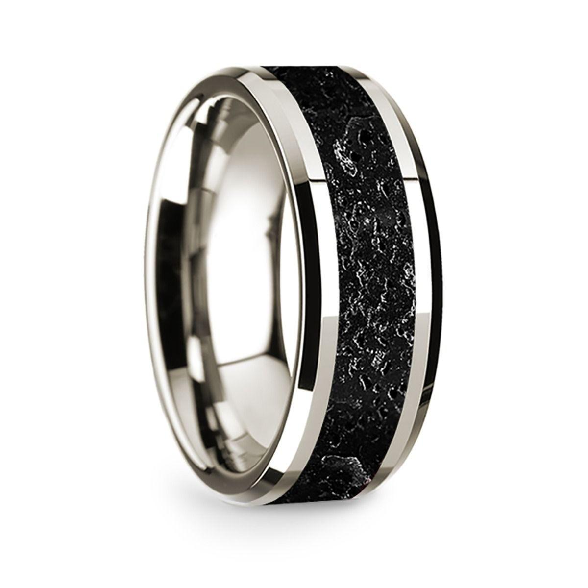 14k White Gold Polished Beveled Edges Wedding Ring with Lava Inlay - 8 mm - Thorsten Rings