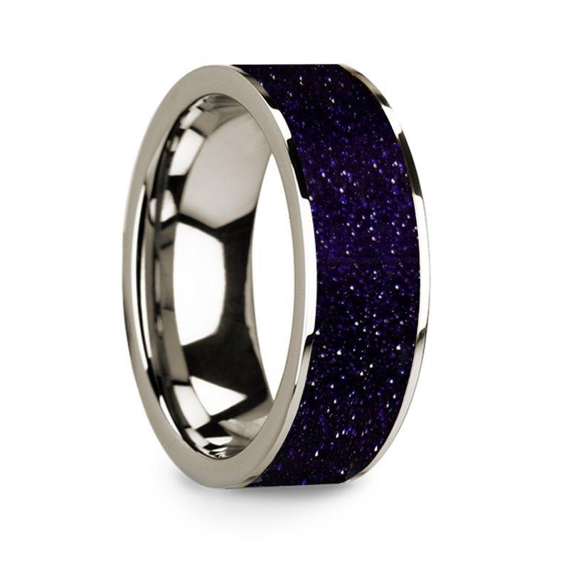 Flat Polished 14k White Gold Wedding Ring with Purple Goldstone Inlay - 8 mm - Thorsten Rings