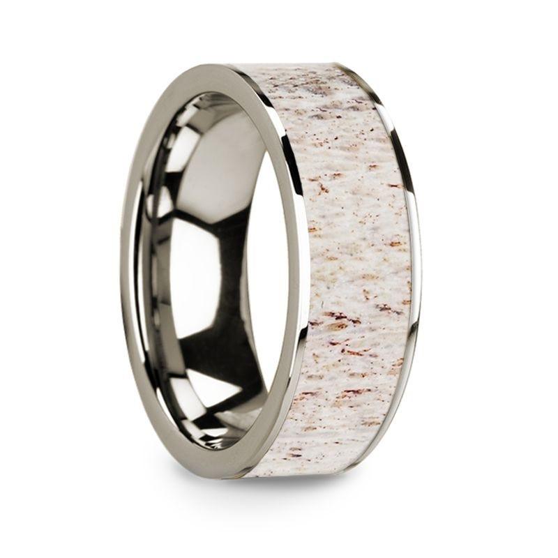 Flat Polished 14k White Gold Wedding Ring with White Deer Antler Inlay - 8 mm - Thorsten Rings