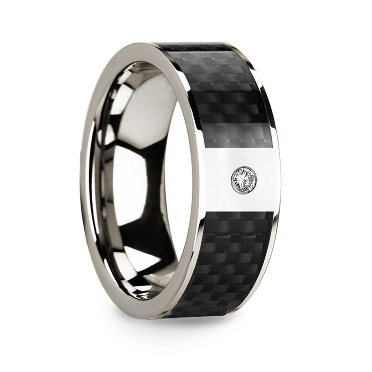 Black Carbon Fiber Inlaid 14k White Gold Polished Ring with Diamond Accent - 8mm - Thorsten Rings