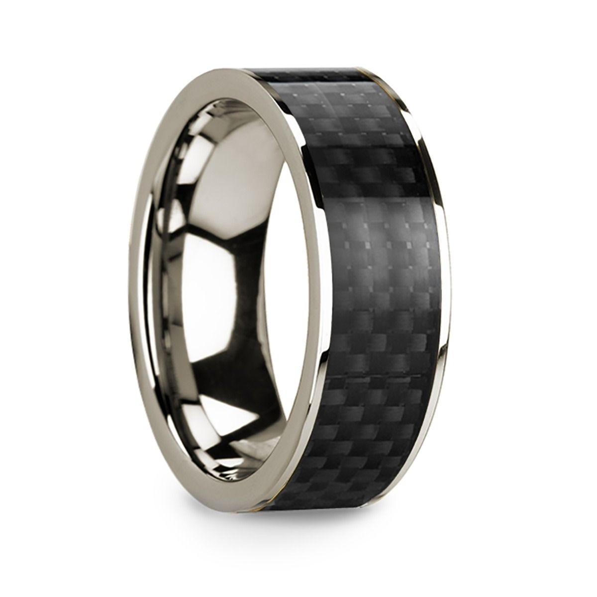 Polished 14k White Gold Men’s Wedding Band with Black Carbon Fiber Inlay - 8mm - Thorsten Rings