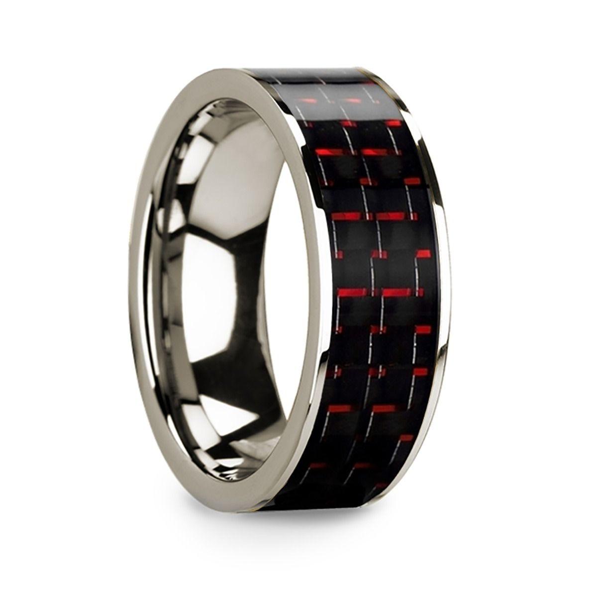 Men’s 14k White Gold Flat Wedding Band with Black & Red Carbon Fiber - 8mm - Thorsten Rings