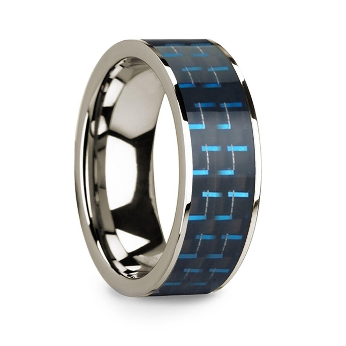 Polished 14k White Gold & Black/Blue Carbon Fiber Inlaid Flat Wedding Ring - 8mm - Thorsten Rings