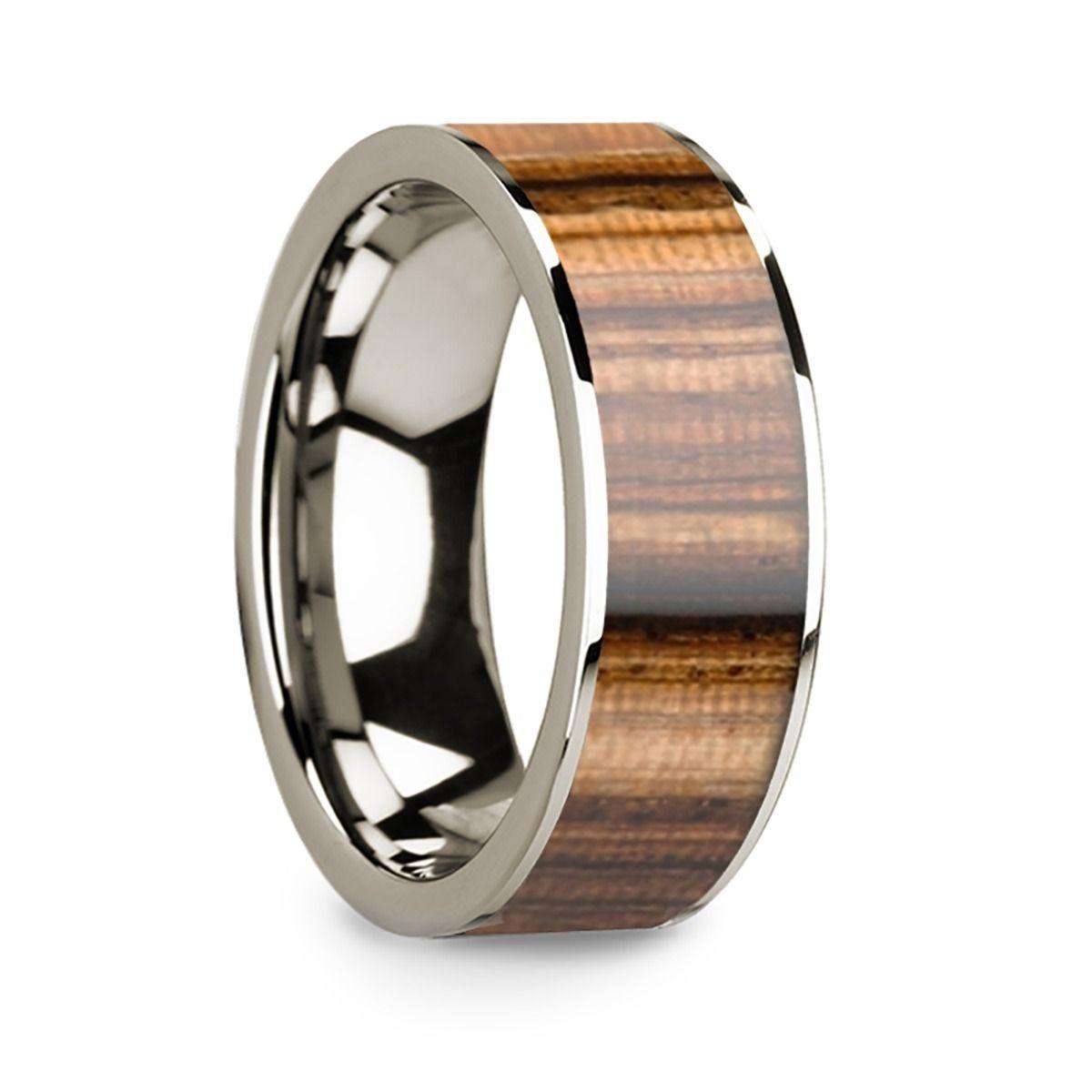 Men’s Polished 14k White Gold & Zebra Wood Inlay Flat Wedding Ring - 8mm - Thorsten Rings