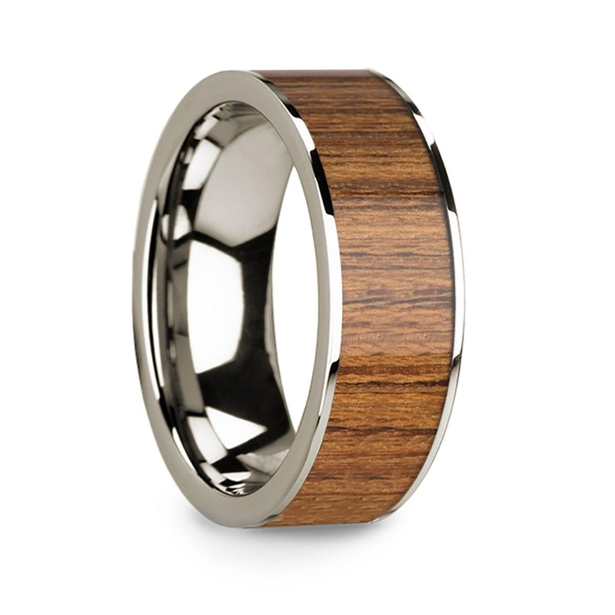 Polished 14k White Gold Men’s Wedding Band with Teak Wood Inlay - 8mm - Thorsten Rings