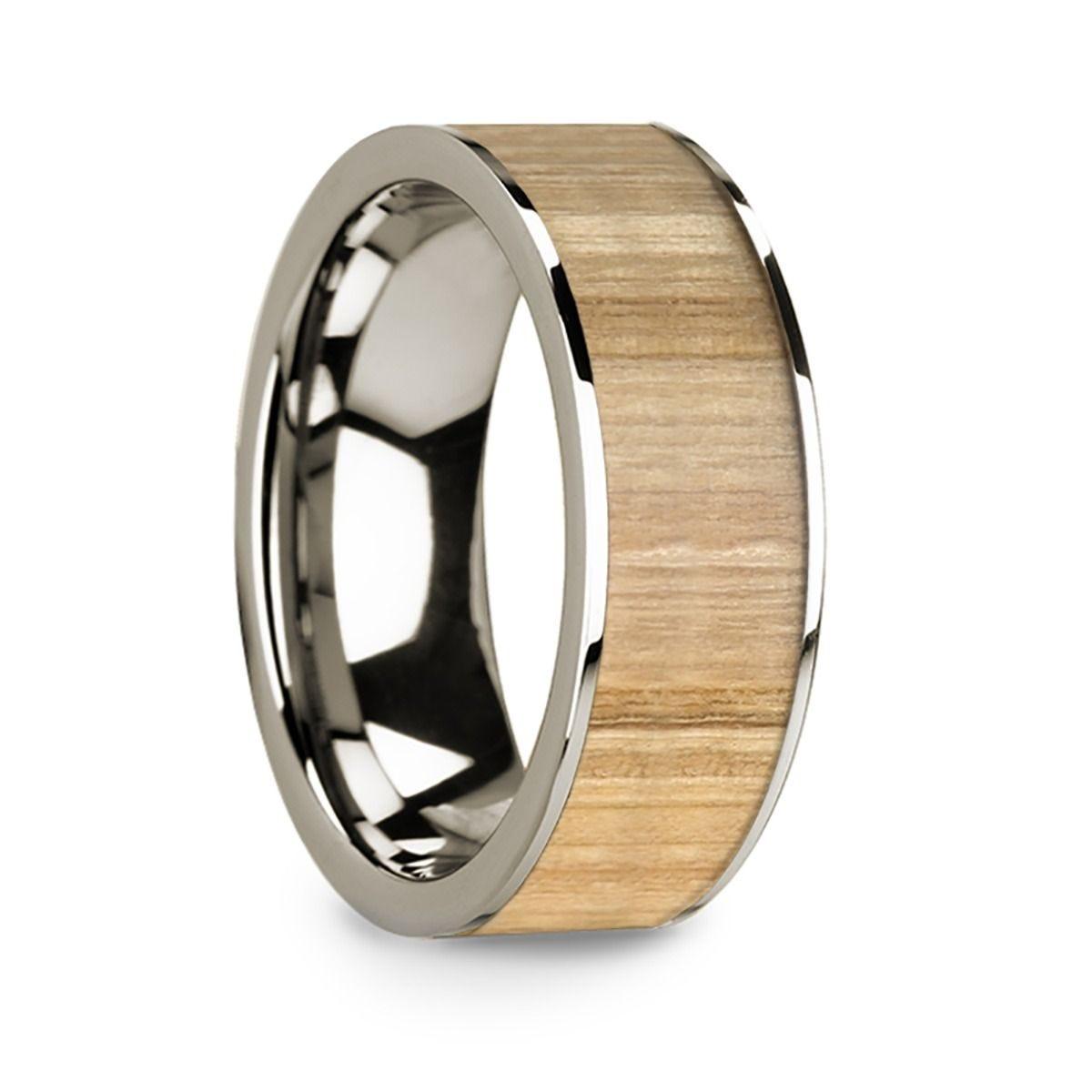 Polished 14k White Gold Men’s Wedding Ring with Ash Wood Inlay - 8mm - Thorsten Rings
