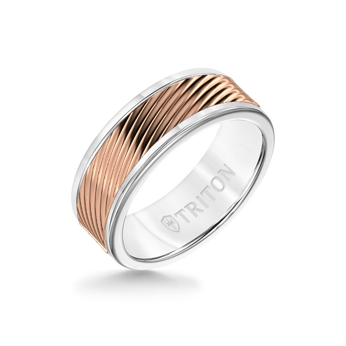 8MM White Tungsten Carbide Ring  3D Wave 14K Rose Gold Insert with Round Edge