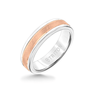 6MM White Tungsten Carbide Ring - Crystalline 14K Rose Gold Insert with Round Edge