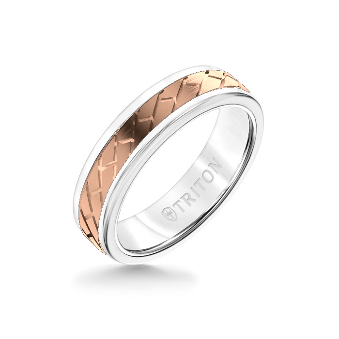 6MM White Tungsten Carbide Ring  Diagonal Brick 14K Rose Gold Insert with Round Edge