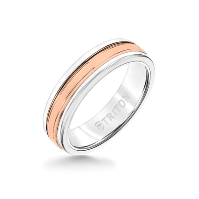 6MM White Tungsten Carbide Ring - Double Engraved 14K Rose Gold Insert with Round Edge
