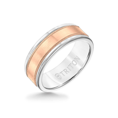 8MM White Tungsten Carbide Ring - Flat Milgrain 14K Rose Gold Insert with Round Edge