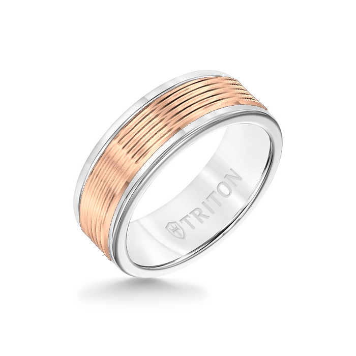 8MM White Tungsten Carbide Ring - Serrated Engraved 14K Rose Insert with Round Edge
