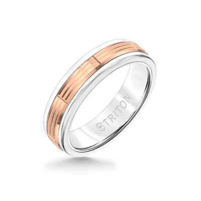 6MM White Tungsten Carbide Ring - Serrated Vertical Cut 14K Rose Gold Insert with Round Edge