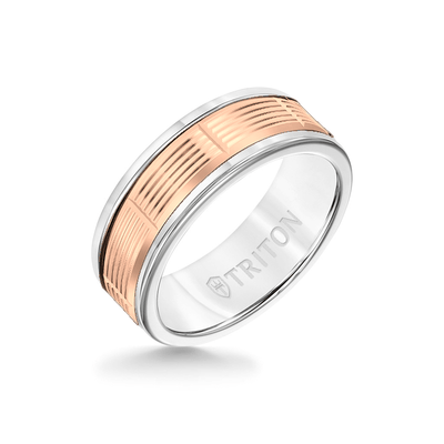 8MM White Tungsten Carbide Ring - Serrated Vertical Cut 14K Rose Gold Insert with Round Edge
