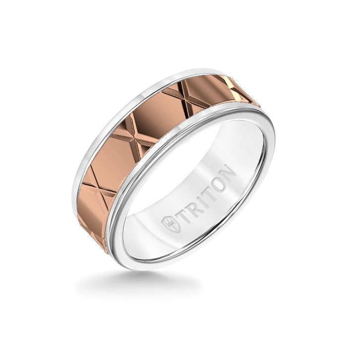 8MM White Tungsten Carbide Ring  StarX 14K Rose Gold Insert with Round Edge