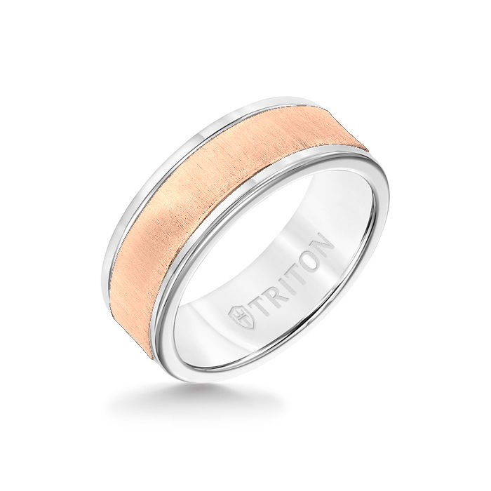8MM White Tungsten Carbide Ring - Vertical Satin 14K Rose Gold Insert with Round Edge