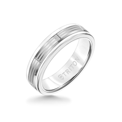 6MM White Tungsten Carbide Ring - Serrated Vertical Cut 14K White Gold Insert with Round Edge