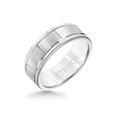 8MM White Tungsten Carbide - Vertical Cut 14K White Gold insert with Round Edge