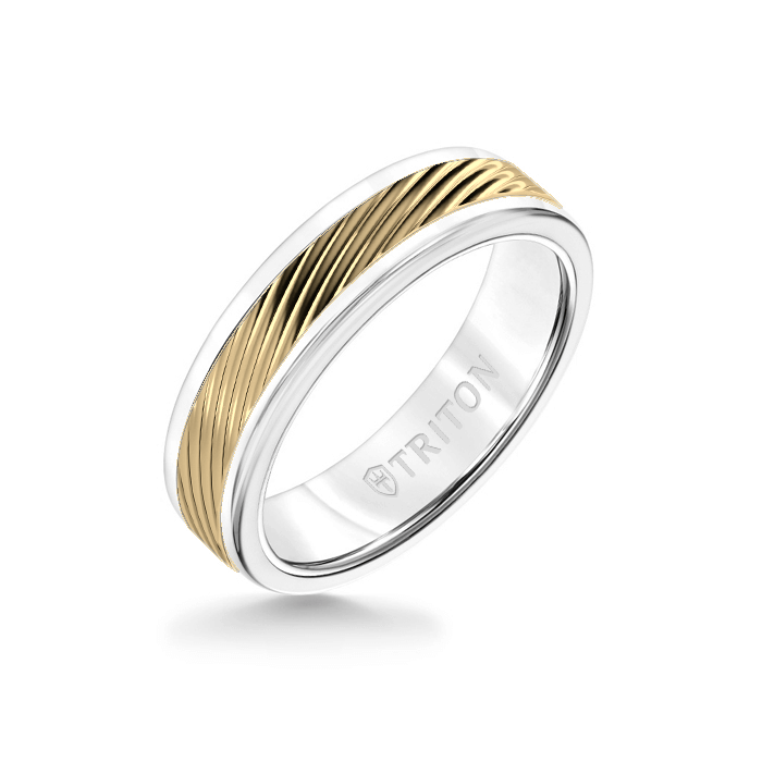 6MM White Tungsten Carbide Ring  3D Wave 14K Yellow Gold  Insert with Round Edge