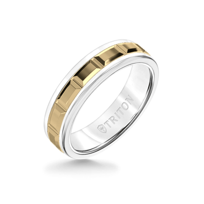 6MM White Tungsten Carbide Ring  Beveled Prism 14K Yellow Gold Insert with Round Edge