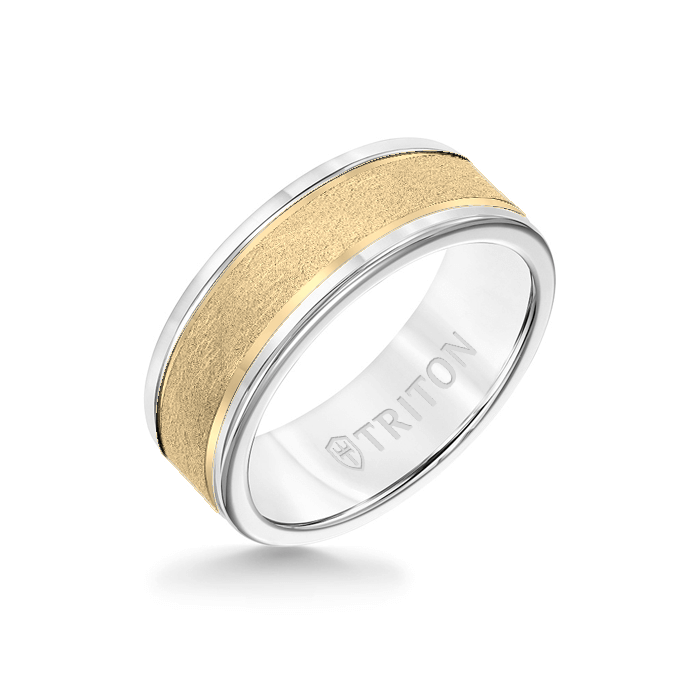 8MM White Tungsten Carbide Ring - Crystalline 14K Yellow Gold Insert with Round Edge